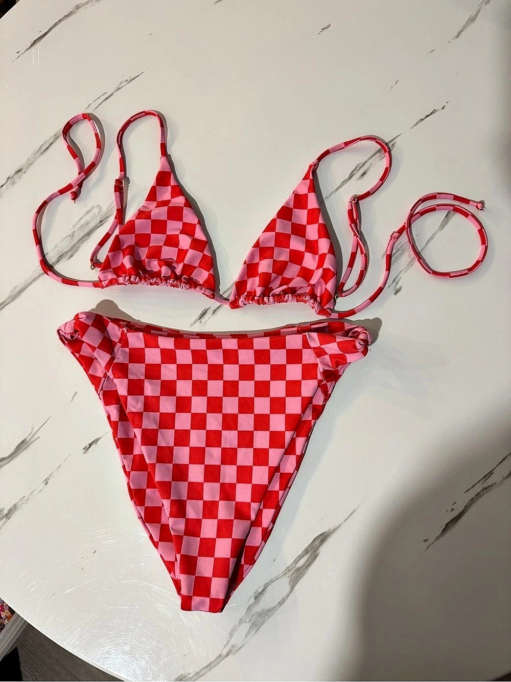 Skatie Red & Pink Checkered Bikini Set